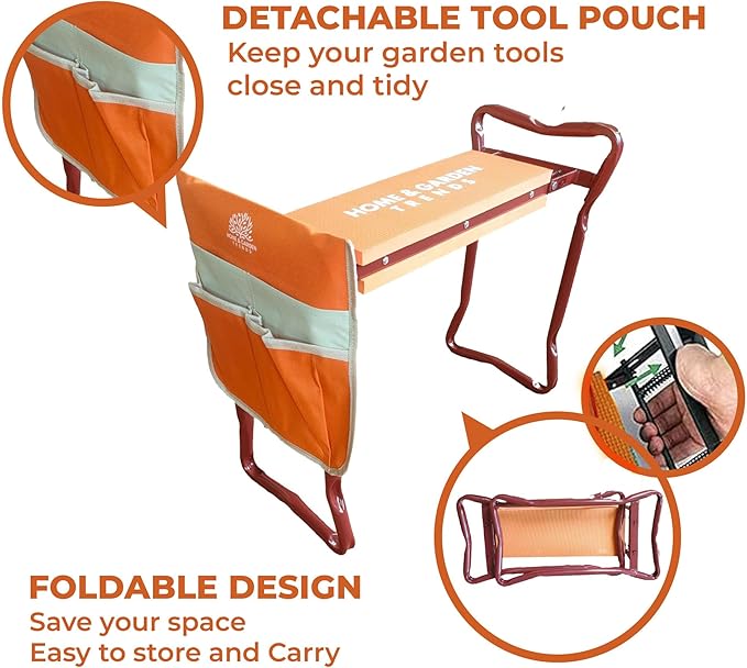 H> Garden Kneeler and Seat, Foldable Garden Stool Heavy Duty Gardening Bench for Kneeling and Sitting to Prevent Knee & Back Pain (Modern Kneeler 2023, Orange)