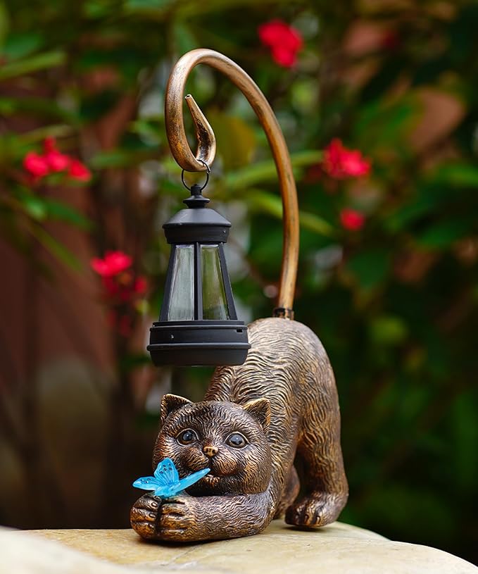 Solar Cat Garden Statue for Outdoor: Outside Sculptures Decor for Art Patio Balcony Yard Lawn – Unique Birthday Gift for Women Mom Grandma