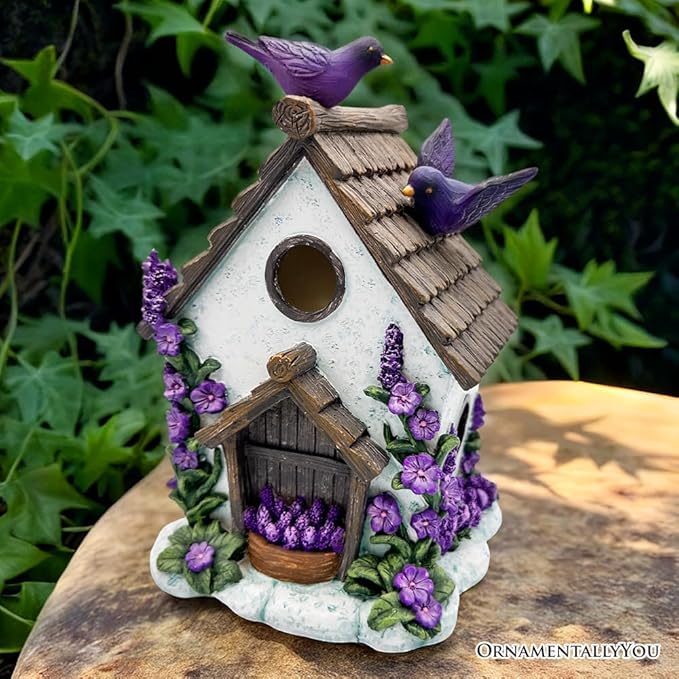 Spring & Summer-Themed Garden Statues – Adorable Outdoor Decor for Lawn, Patio & Porch (Lovely Floral Lavender Bird House Figurine, 7" Novelty Cottage Garden Decor)