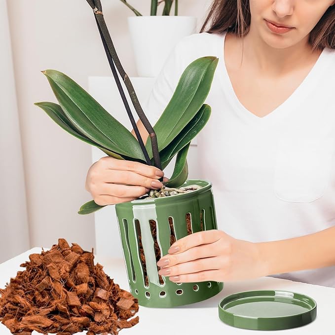 6 Inch Ceramic Orchid Pot with Large Slotted Holes, Orchid Planter for Enhanced Air Circulation, Orchid Pots with Drainage Tray, Patina