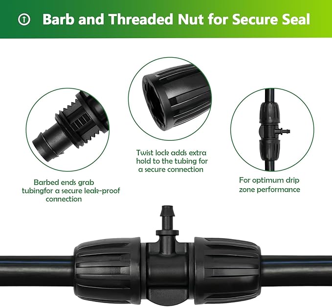 12 Pcs Drip Irrigation Fittings for 1/2 Inch Tubing (1/2" ID x 0.65" OD) to 1/4 Inch Irrigation Tubing, Locked Barbed 1/2" to 1/4" Reducing Tee Connector Drip Line Parts