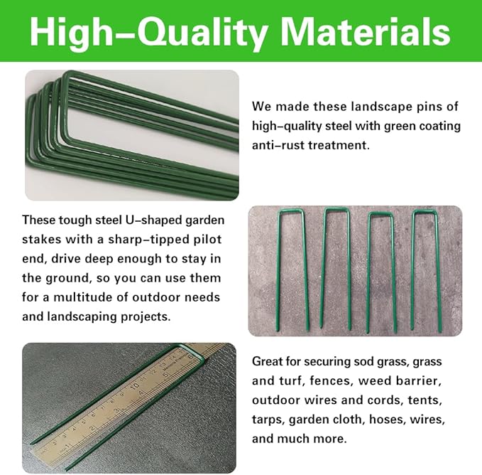 Bakulyor 50Pcs Green Landscape Staples 6 Inch Garden Artificial Turf Stakes Staples, 11 Gauge Lawn Galvanized Ground Fabric Pins for Weed Barrier Sod Decorations Holding Fence and Irrigation Tubing