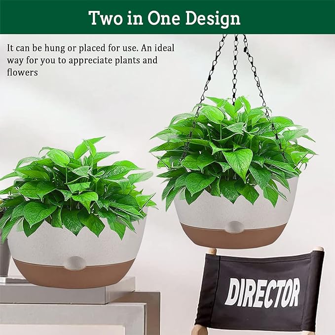 Hanging Planter Self Watering 10 Inch, 2 Pack Indoor Outdoor Hanging Baskets, Hanging Flower Pots with Drainage Hole & 2 Kinds of Plant Hangers for Garden Home Decor(Black Hanger