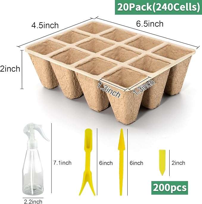 SYITCUN 240 Cells Seed Starter Tray, 20 Pack Biodegradable Seed Starter Kit, Peat Pots for Seedlings with 200 Plant Labels, 2 Seed Planting Tool and 1 Spray Bottle