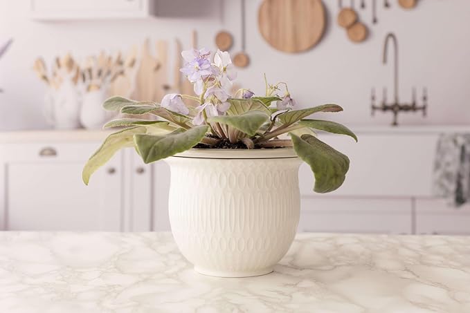 African Violet Pots Self Watering - 7in White Ceramic & Dolomite Clay - Easy & Effortless Planter Pot For Indoor Plants, Herbs, Flowers, Orchids, Succulent - Ideal Gardening Gifts, Plant Not Included