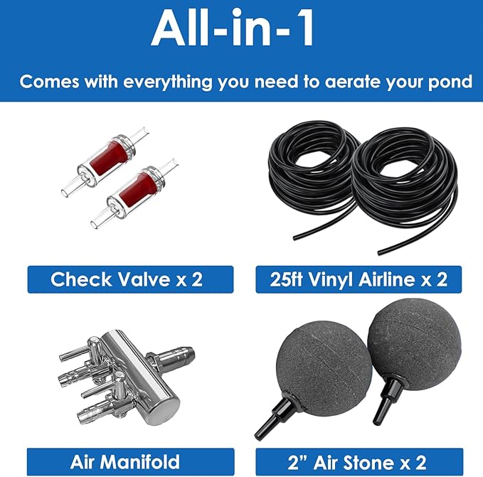 AquaMiracle Pond Aeration Kit Pond Air Pump Koi Pond Aerator for Pond up to 1500 Gallons Pond Deicer All-in-One Pond Aeration System with 2-Outlet Airline Tubing Air Stones Check Valves