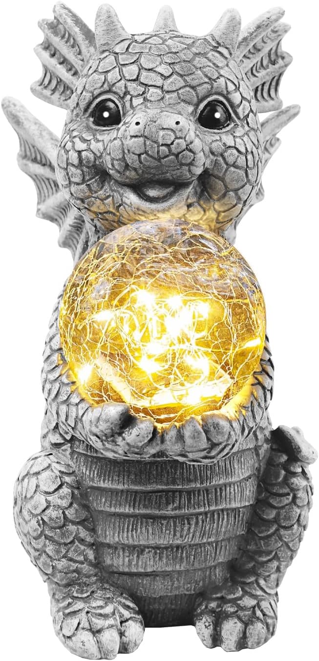 Solar Garden Outdoor Statues 7.2" Resin Dragon Statues Holding Magic Ball with Solar Lights,Lawn Decor for Patio, Balcony, Yard Ornament,Unique Gifts for Mom Grandma Housewarming