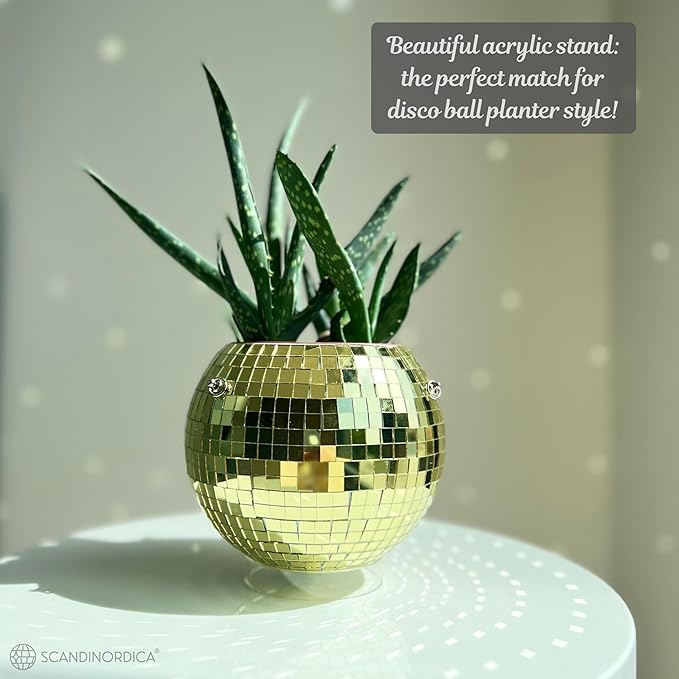 SCANDINORDICA Disco Ball Planter – Value Package: Mirror Disco Planter with Chain, Macrame Hanger and Acrylic Stand for Desk, Includes Self Watering Insert, Retro Decor | 6 inch Gold