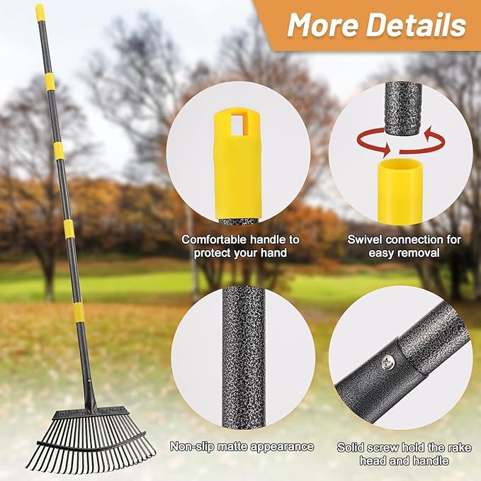 Rake, Garden Rake for Leaves, Leaf Rake Heavy Duty for Yard,Lawn,Shrub,Grass,Mulch, 8.5" Metal Head,6ft Adjustable Long Handle,Adults Kids Rake for Gardening