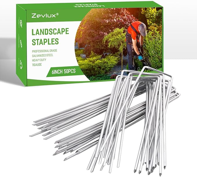 50pcs 6 Inch Garden Landscape Staples 11 Gauge Galvanized Lawn Stakes, Heavy Duty Sod Pins for Fences, Lawns, Weed Barriers, and Landscape Fabrics, Netting, Irrigation Hose, Floor Mats