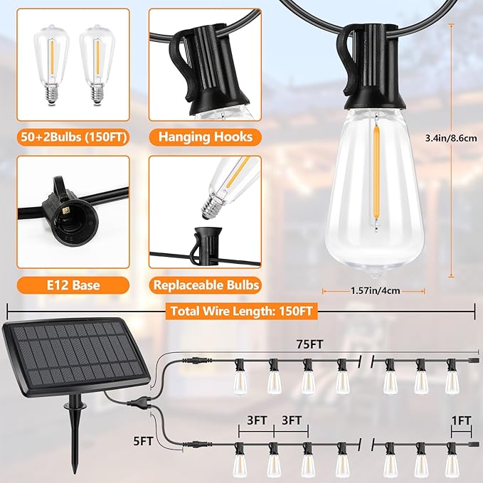 150FT Solar String Lights for Outside, Solar Powered Patio Lights with 52 Shatterproof ST38 Edison Bulbs & Remote Control,Dimmable LED Solar String Lights for Outside Waterproof