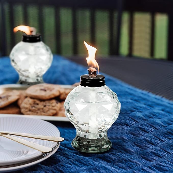 4 Pack Glass Table Torches, Citronella Table Top Torches with Wick and Cap for Outdoor, Refillable Landscape Lanterns for Yard, Patio, Christmas, Garden, Party Decor