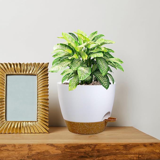 8 inch Self Watering Pots, 2 Pack Plastic Planters with Mesh Drainage Holes for Garden Plants and Flower, Plants Pots with Deep Reservoir for Indoor Outdoor Plants, White with Brown