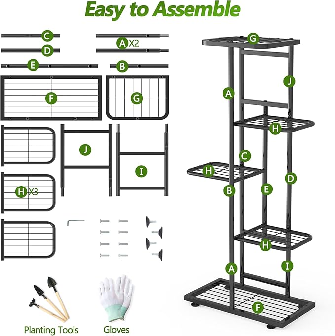 5 Tier 6 Potted Plant Stand Indoor with Gardening Tools and Gloves, Upgraded Corner Tall Metal Plant Shelf Organizer Outdoor, Multiple Flower Pot Holder Display Rack (5 -Tier Black)