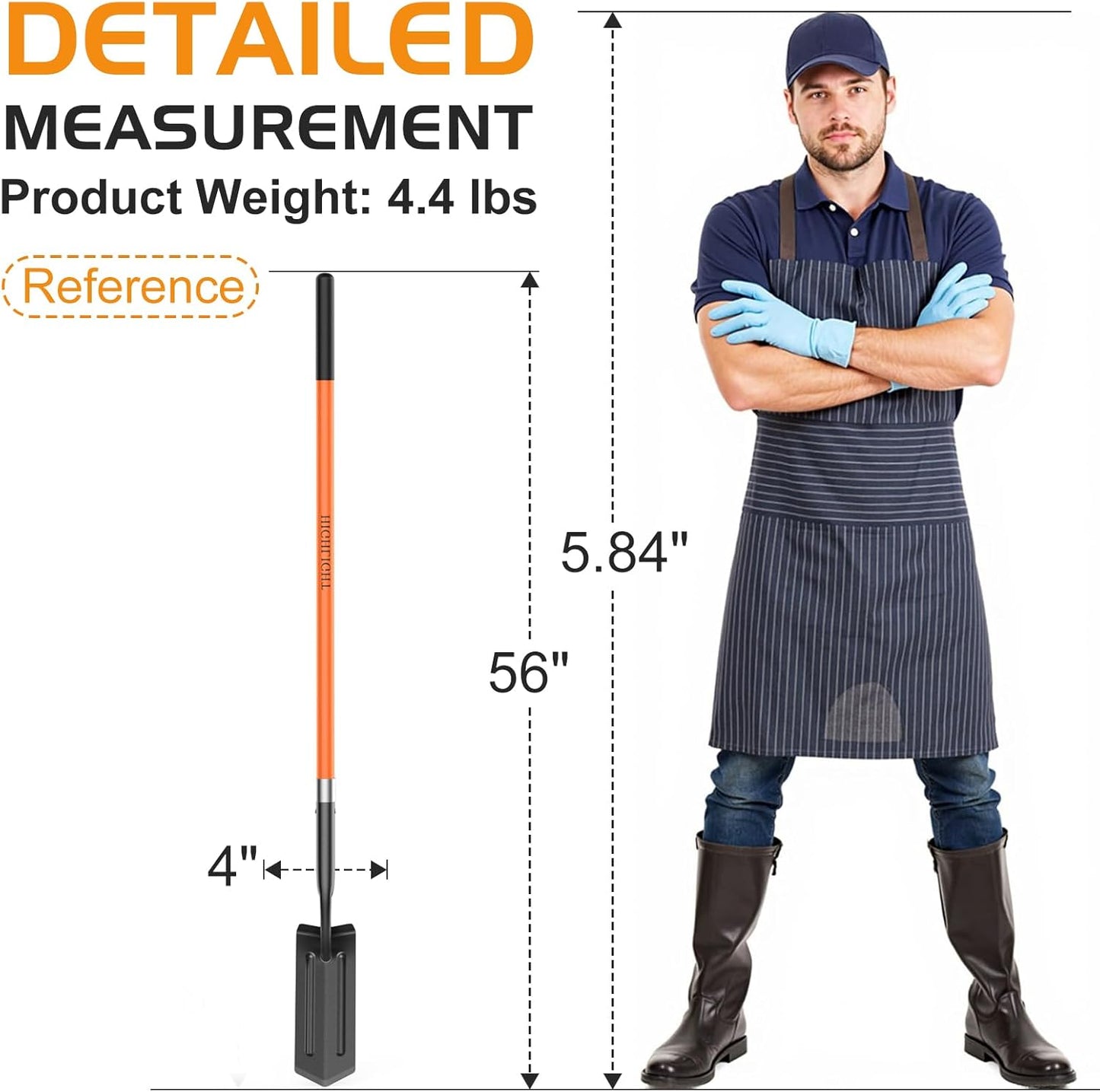 Trench Shovel for Digging, 4-Inch Trenching Spade with Orange Fiberglass Handle, Narrow Trenching Shovel for Digging, Gardening, and Landscaping, 56 inches