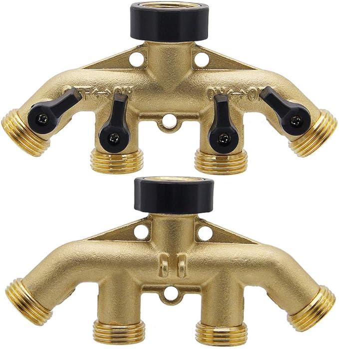 Twinkle Star 4 Way Heavy Duty Brass Garden Hose Splitter, Hose Connector 3/4", Hose Spigot Adapter with 4 Valves, Hose Bib Splitter, Outdoor Faucet Splitter, Water Spigot