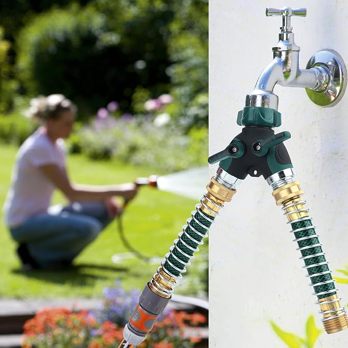 Hose Splitter, Garden Hose Splitter 2 Way Heavy Duty,3/4" Spigot Adapter Connector with 2 Kink Free Faucet Extension Hose Protector 6 Rubber Washers and PTEP Tape for Drip Irrigation, Lawns