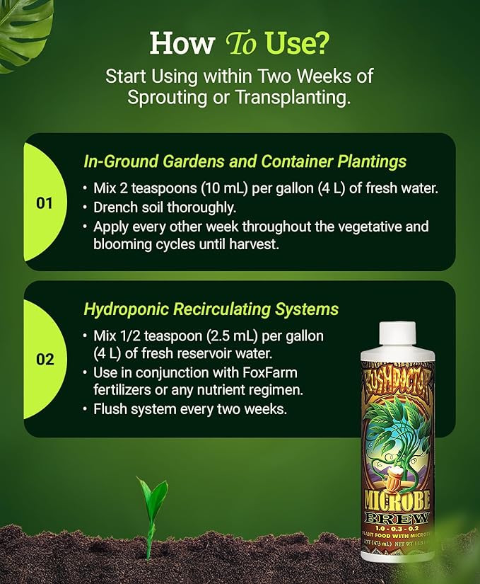 FoxFarm Bushdoctor Microbe Brew - Liquid Macro & Micronutrients, Enhances Root Efficiency, Growth & Nutrient Uptake - Soil Revitalizer- NPK 1.0-0.3-0.2 (Pint)