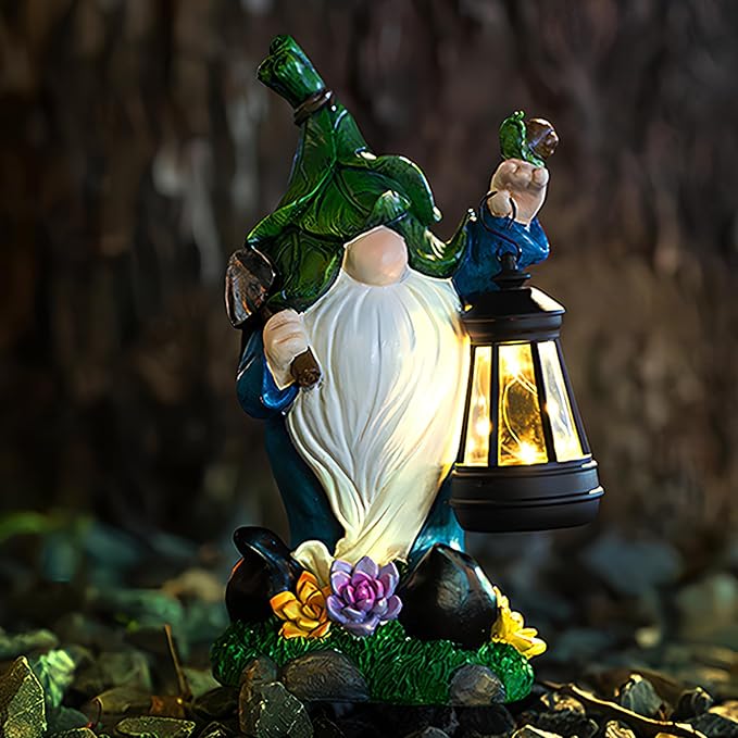 Garden Gnome Solar Figurine Lights - Solar Powered Lighting Outdoor Decorations with Lantern & Shovel, Yard Art Lawn Ornaments for Porch Patio Balcony - Gnome Gifts for Women Mom