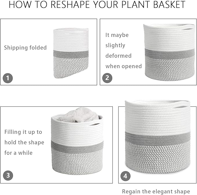 TIMEYARD Woven Cotton Rope Plant Basket for 10" Flower Pot Floor Indoor Planters, 11” x 11” Storage Basket Organizer Modern Home Decor, Grey and White Stripes