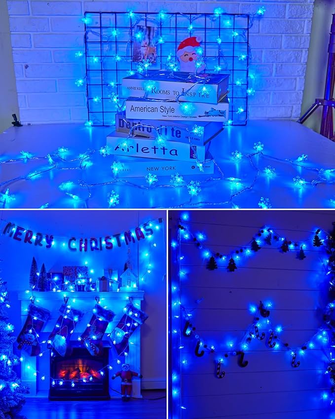Brightown Solar Christmas Snowflake String Lights 100 LED 39 FT Outdoor Waterproof Fairy Lights with 8 Lighting Modes for Wedding, Party, Tree, Room, Garden, Patio, Yard, Home, Blue