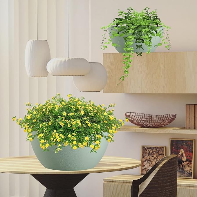 13 inch Large Hanging Planters Plant Pots for Outdoor Indoor Plants with Drainage Holes and Chain, 2 Pack Round Hanging Flower Pots for Garden Home Porch Decor, Green