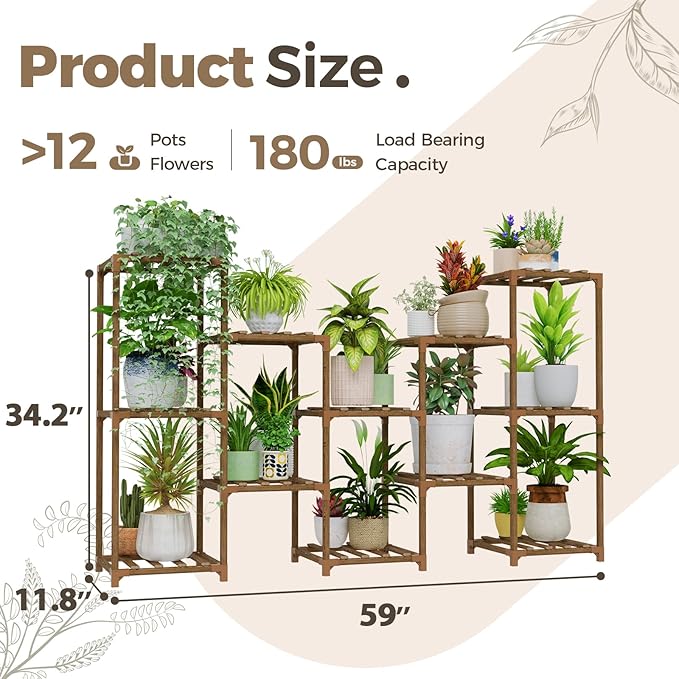 Bamworld Large Plant Shelf Outdoor Wood Plant Stand Large Rack for Living Room Patio, Balcony and Garden