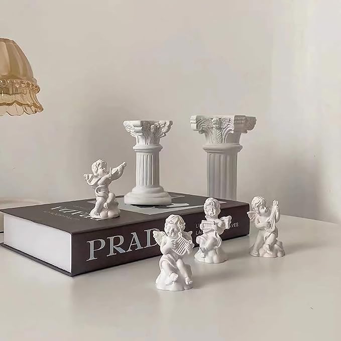 LIYAOLI 4pcs 2.7'' Cherub Decor & 2pcs Roman Decorative Columns Props Shooting,Little Angel Statues for Home Decor Adorable Music Small Angel Figurines