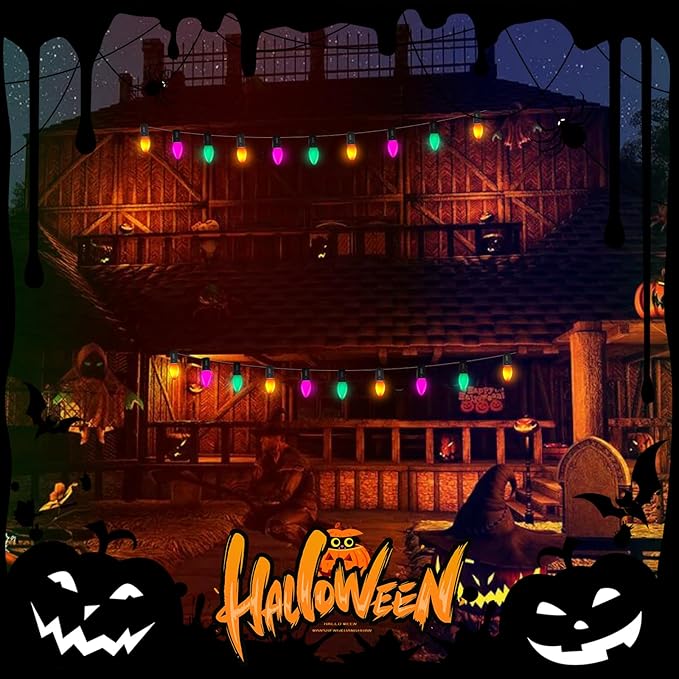 C7 LED Multicolor Christmas Lights, 25Ft with 27 Orange Green Purple Bulbs, Hanging Vintage Outdoor Christmas Decorations for Roofline Garden Patio Holiday Backyard