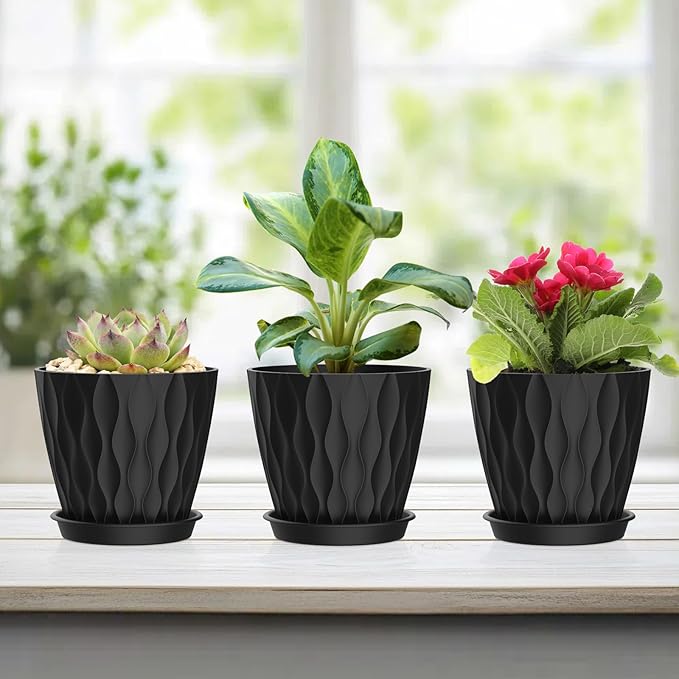 6 Pack 4 Inch Small Plant Pots with Saucers, 3D Textured Plastic Planters with Drainage Holes for Indoor and Outdoor Plants, Flowers, Herbs, Succulents, and Seedlings,Blue