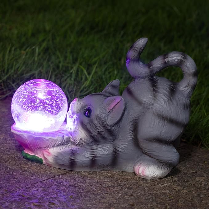 HUYIENO Solar Garden Statue Outdoor Cat Decor Figurine Lights Waterproof Garden Decor with Solar Crackled Ball Lights Housewarming Gifts for Yard,Patio,Lawn