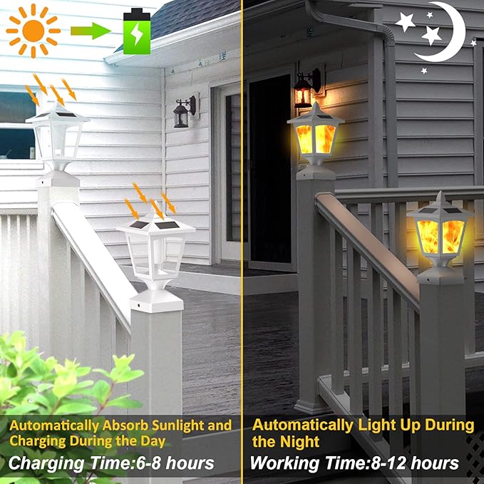 Solar Post Flame Light,Outdoor Deck Fence Post Cap LED Light,Waterproof 4x4 5x5 6x6 White Post Top Solar Powered Light with Flickering Flame for Garden Outside, 4 Pack