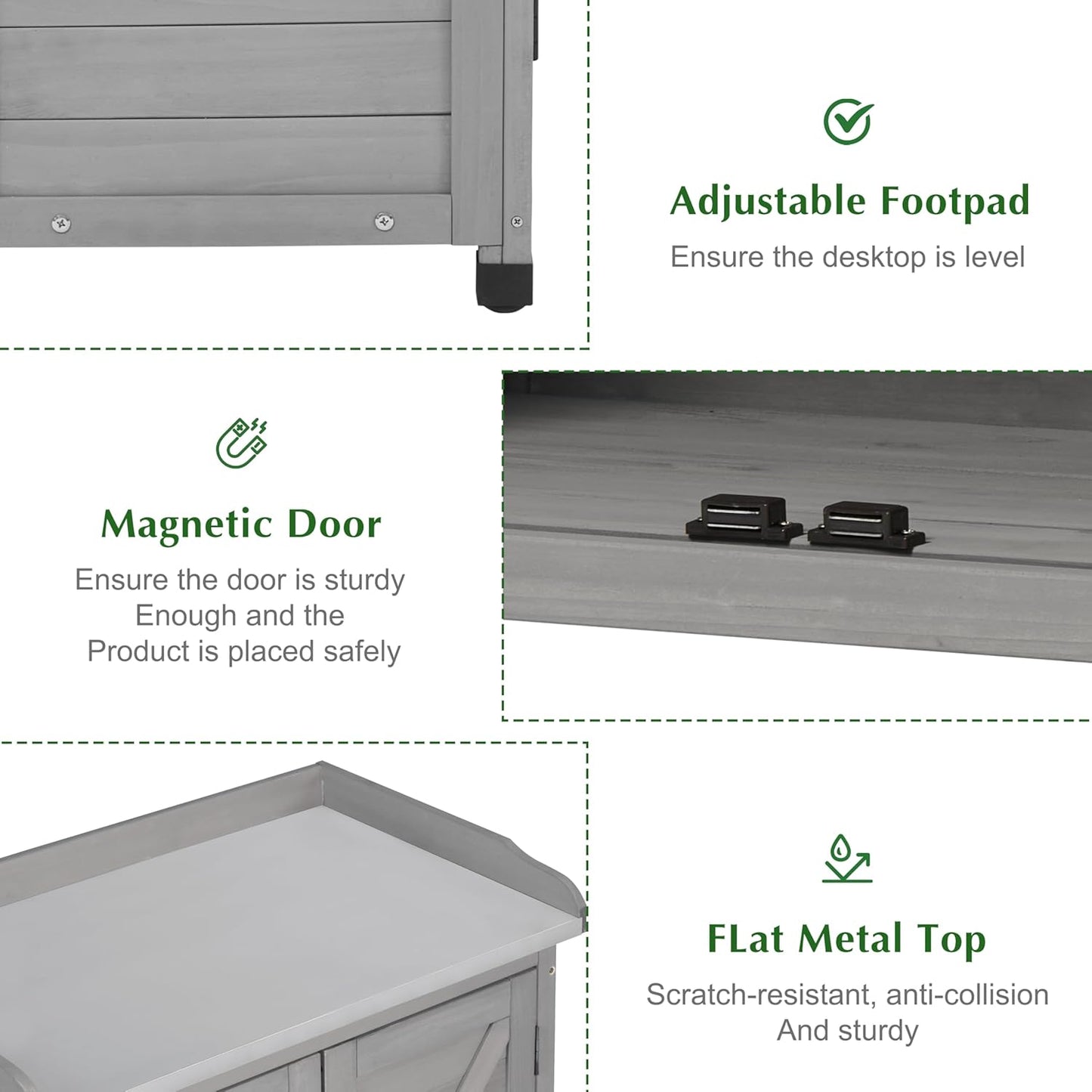 Outdoor Storage Cabinet & Potting Bench Table with Metal Top, Wooden Patio Furniture, Garden Workstation (Classic Grey, 39x31.5x17in)