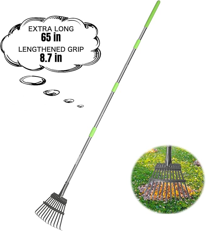 Joyhalo Small Rake for Leaves, 8.5 Inch Wide Rake Head Leaf Rake with 11 Tines, Metal Garden Rake with Adjustable Handle from 38.5 to 65 Inch for Gardening, Clippings, Gathering Leaves, Weeds, Debris