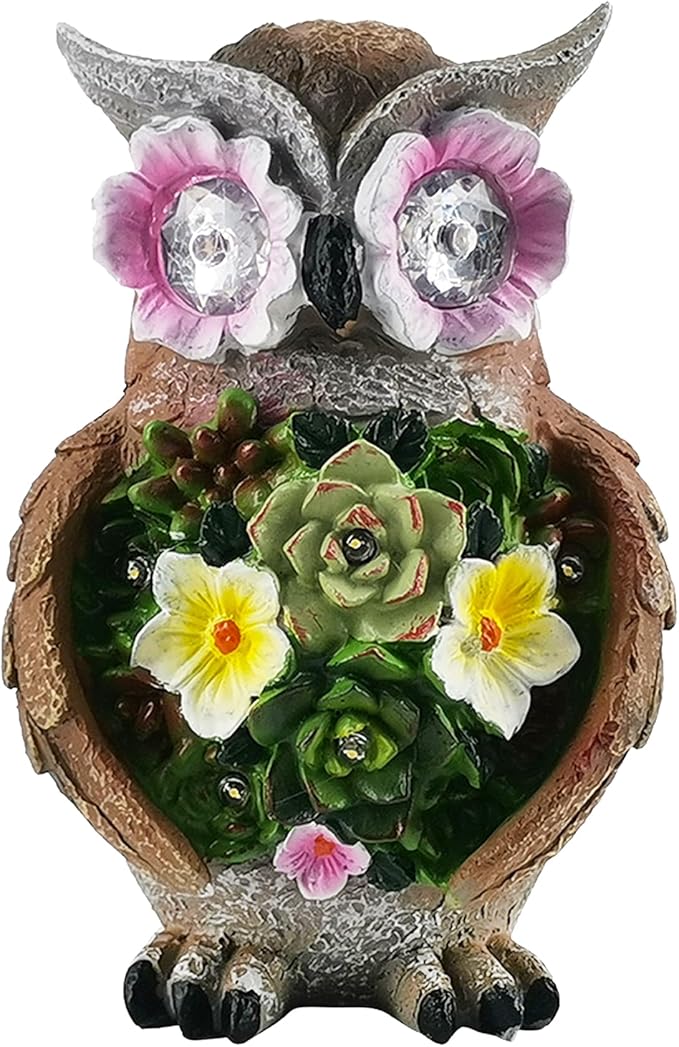Owl Garden Statue,Solar Garden Statues with Flower LED Lights, Resin Owl Figurine for Lawn Patio Porch Yard Deco Gifts for Women/Mom/Grandma
