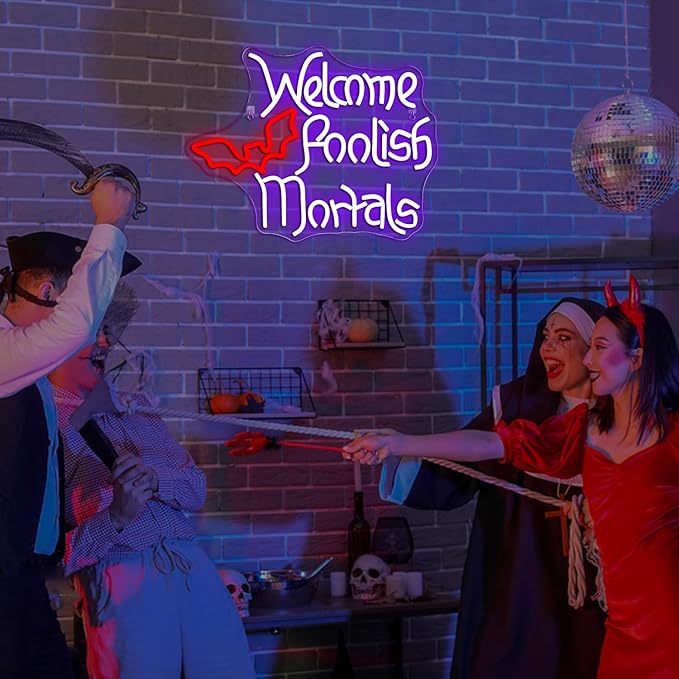 Welcome Foolish Mortals Neon Sign Halloween LED Neon Signs for Wall Decor Halloween Neon Light USB Light Up Sign for Halloween Decor Halloween Party Decoration,Door,Windows,Bar,Man Cave
