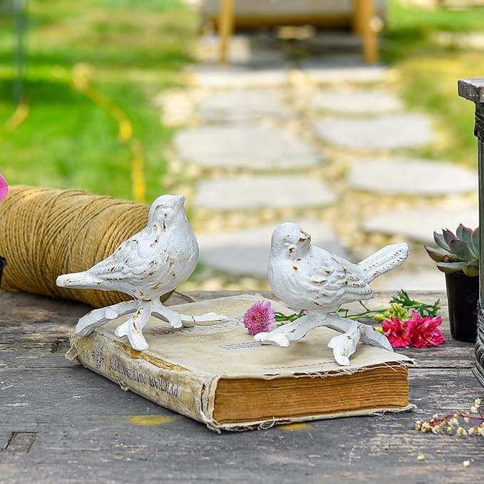 Sungmor Cast Iron Small Bird Statues, Set of 2 Antique White Bird with Branch Collectible Figurines, Farmhouse Home Garden Decorative Bird Sculpture, Realistic Indoor and Outdoor Ornaments