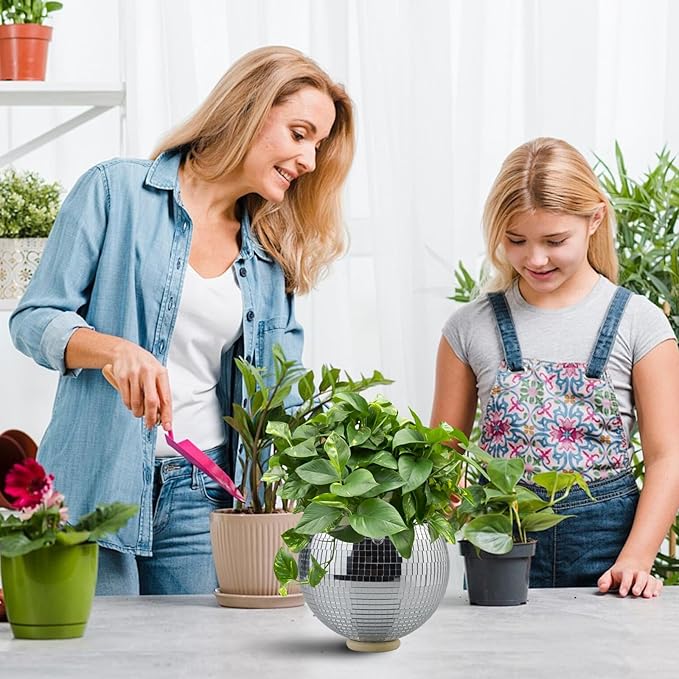 6inch Disco Ball Hanging Plant Pots,Plant Disco Ball Silver Mirror Disco Planter with Chain Hook for Indoor Outdoor Decor and Wooden Stand for Desk,Self Watering Insert Pots, Boho Disco Ball Planter