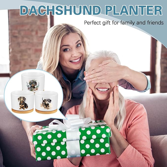3 Pcs Dachshund Decor Gift for Christmas Women Planter Ceramic Gift Animal Plant Pot with Bamboo Tray for Office Home Farm House Bathroom Kitchen Decorations (No Plants Included)