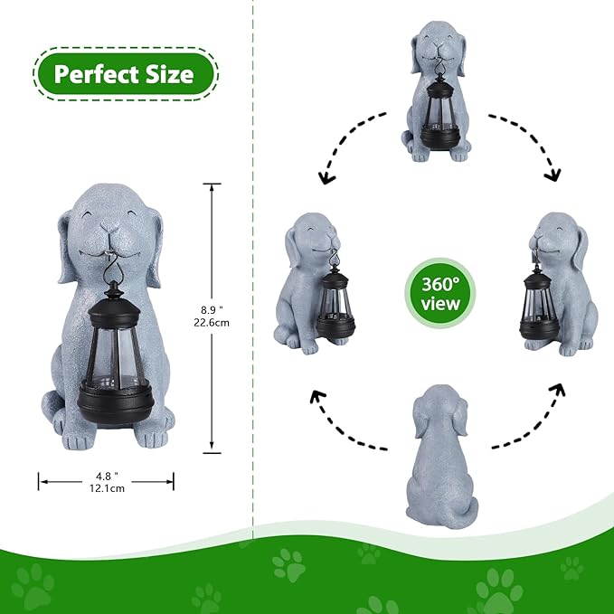 Solar Dog Statues for Garden Decorations Solar Garden Statues for Patio, Balcony, Yard Ornament Unique Housewarming Gifts Figurine Lights, Gray