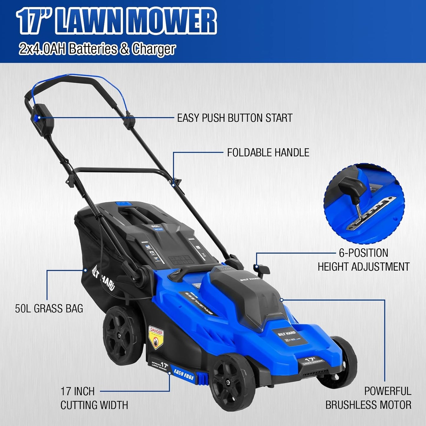 BILT HARD 40V 17" Brushless Cordless Lawn Mower, 2-in-1 Electric Lawn Mower, Push Lawnmower with 6-Position Height Adjustment, 2 x 4.0Ah Batteries & Dual Charger Included