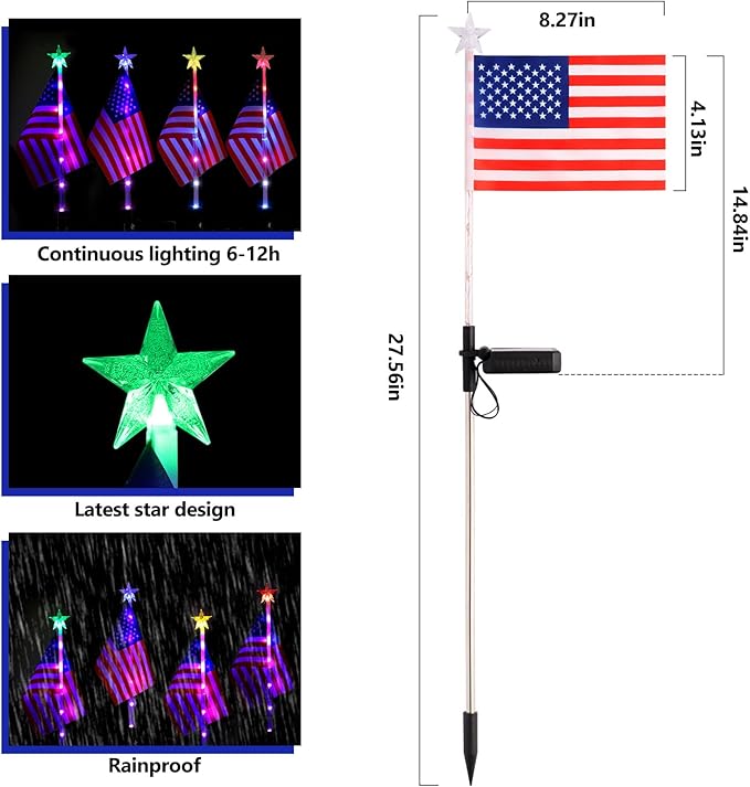 4PCS American Flag Lights 4th of July Solar Patriotic Lawn Light, Garden Stake Light LED Landscape Light Pathway Light for Independence Day Memorial Day Decor(Color Changing-Star)