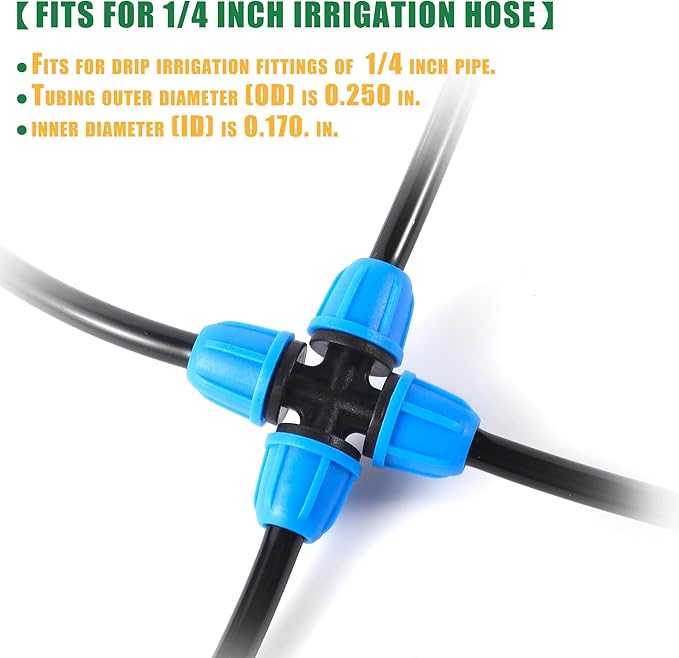 1/4 inch Drip Irrigation Fittings, Lock Barbed 4 Way Couplings for ¼ in. tubing; Tubing Outside Diameter (OD) is 0.250 in., Internal Diameter (ID) is 0.170. in.(20Pcs/Pack) (Blue-4-Way)