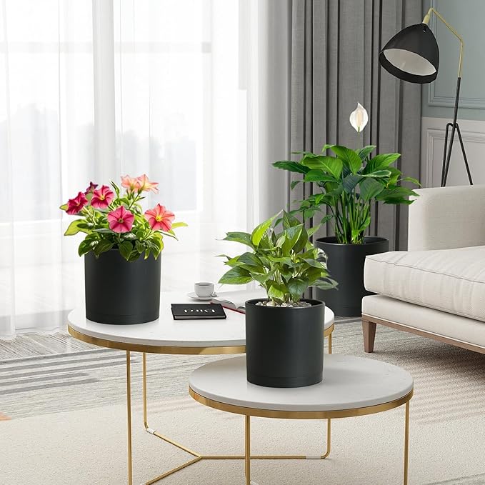 8/7/6 inch Plant Pots, 3 Set Cylinder Flower Pots for Outdoor Indoor Plants, Decorative Plastic Planters with Drainage Holes and Saucers for Garden House Plants, Black