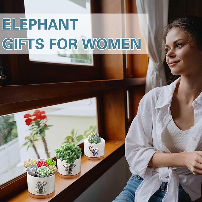 3 Pcs Elephant Decor Gift for Christmas Women Planter Ceramic Gift Animal Plant Pot with Bamboo Tray for Office Home Farm House Bathroom Kitchen Decorations (No Plants Included)