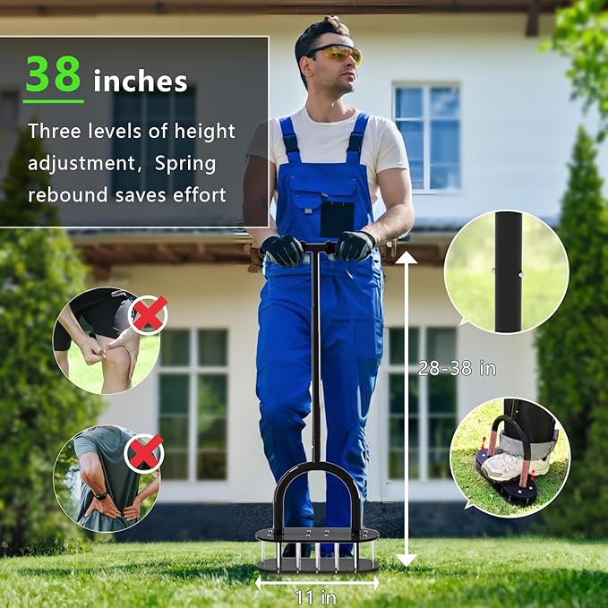 Lawn Aerator Spike Metal Automatic Dethatching Soil Aerating Lawn with 15 Iron Spikes, Pre-Assembled Grass Aerator Tools for Yard, Lawn Aeration, Garden Tool, Revives Lawn Health, Black