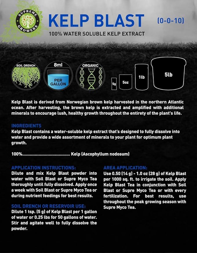 Kelp Blast Concentrate 5lb Bucket Makes 470 Gallons by Supreme Growers Water Soluable Kelp Contains Elements and Vitamins That Enhance Plant Growth and Soil Fertility