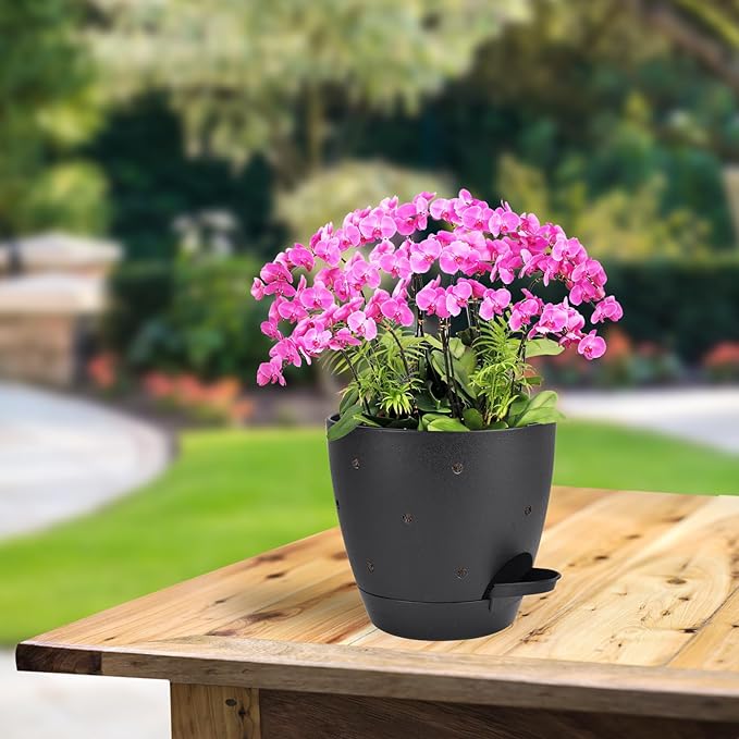 6 Inch Orchid Pots with Holes, 2 Pack Self Watering Planters for Orchids Plastic Orchid Pot Plant Flower Pots for Orchids Indoor Outdoor (Black)