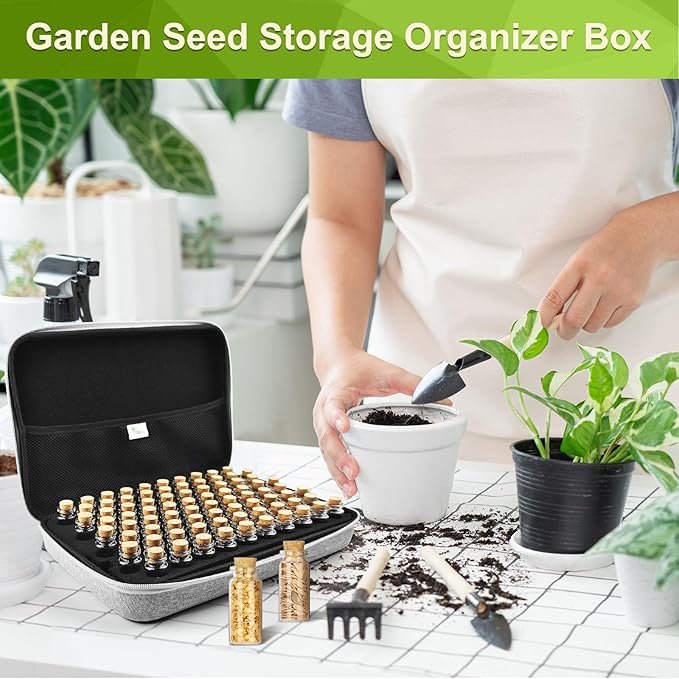 【80 Slots】 Seed Storage Organizer, Sturdy Seed Organizer Storage Box with Dual Zipper Bag and 84Pcs Label Stickers, Glass Seed Storage Container for Flower Vegetable Plants Garden Seeds Saving