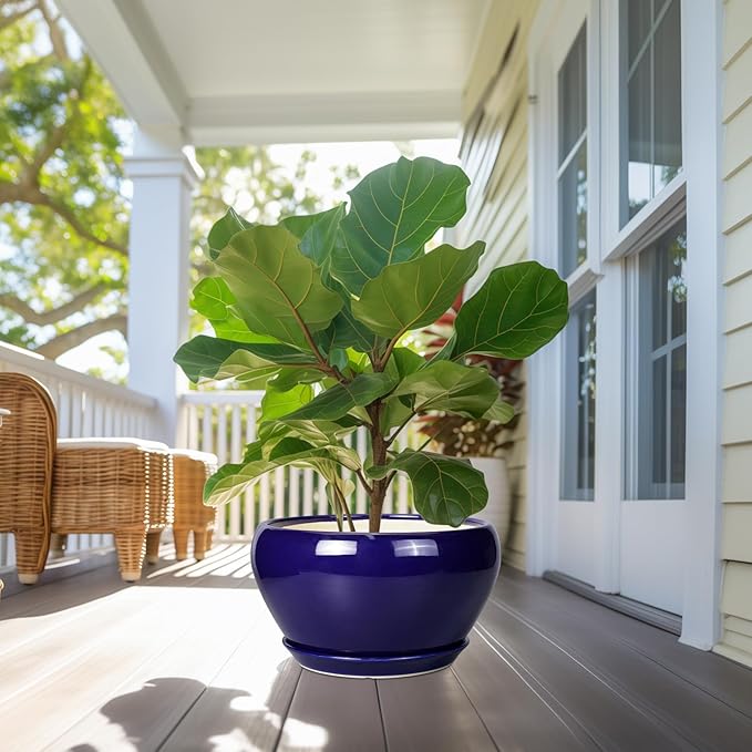 Ceramic Planter - 13 Inch Indoor Plant Pot for Plants with Drainage Hole and Saucer Large Planter Round Outdoor Flower Pot Mid-Century for House Patio Room Decor Blue